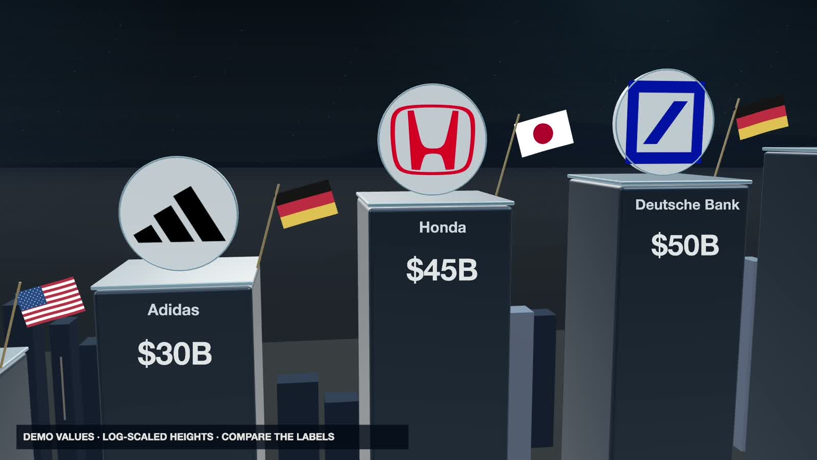 Company logos above a row of dark 3D pillars